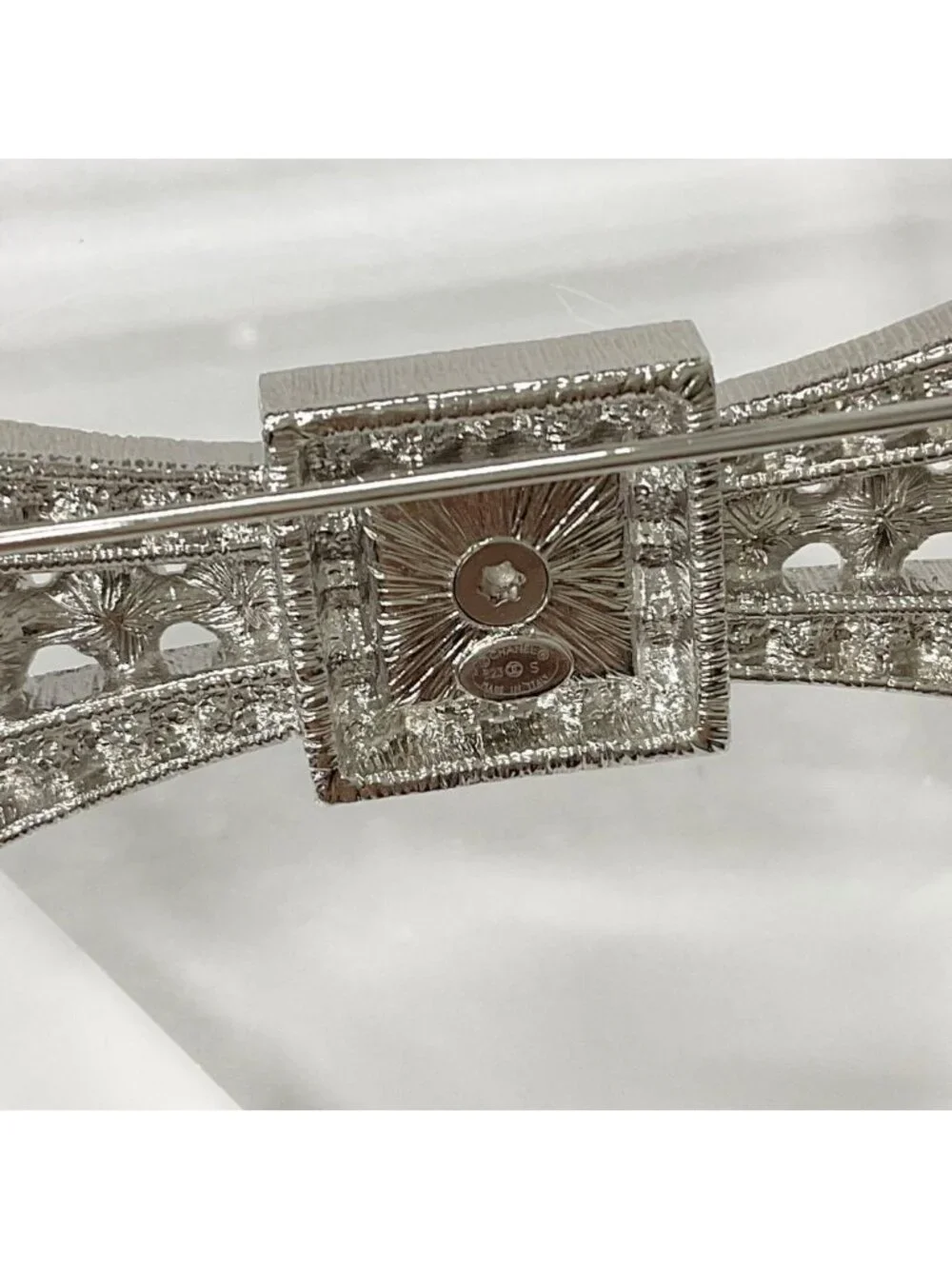 Chanel Brooch Coco Mark Rhinestone Ribbon Pearl Silver
